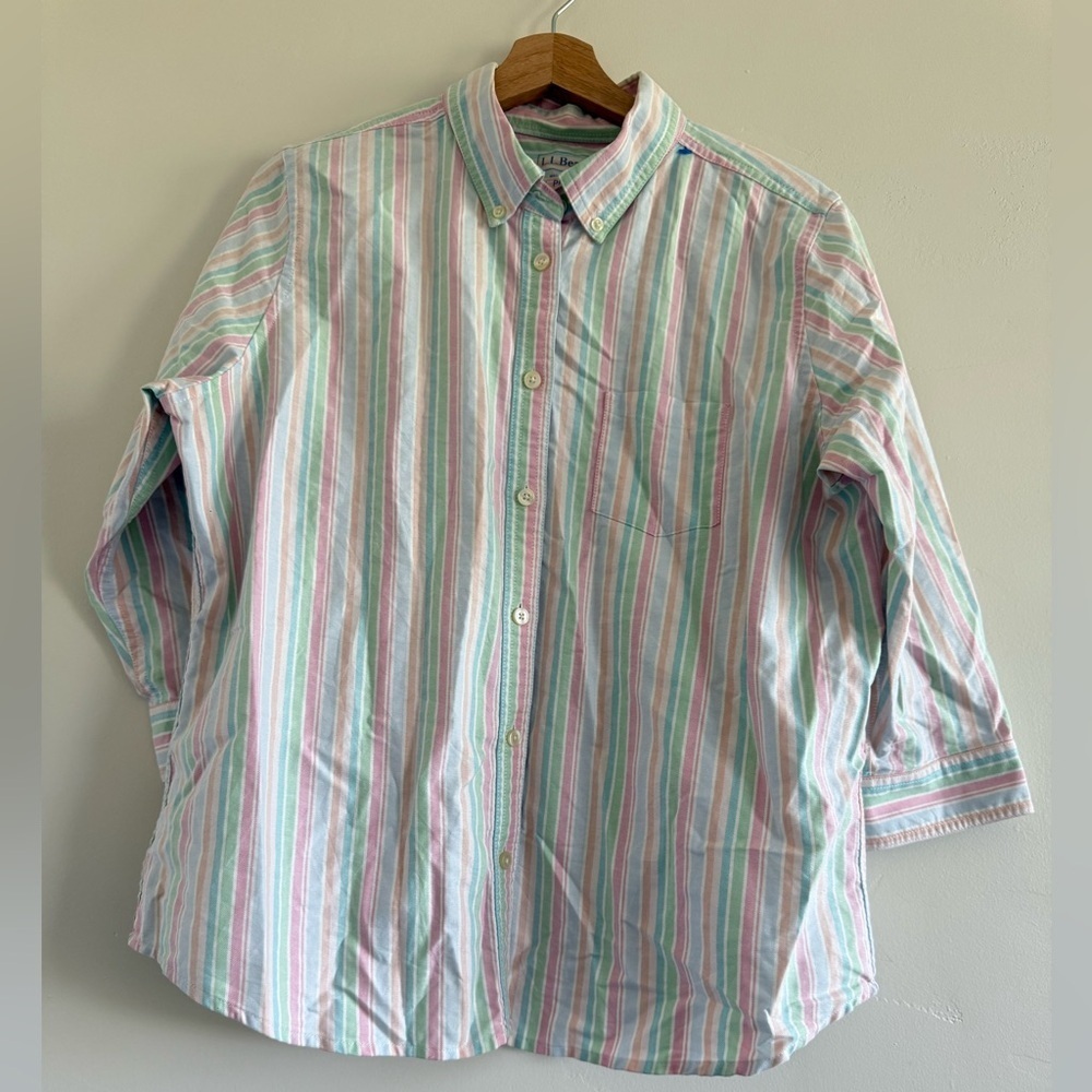 L.L. Bean men Striped Button Down Shirt - Pink, Green, White
Size L